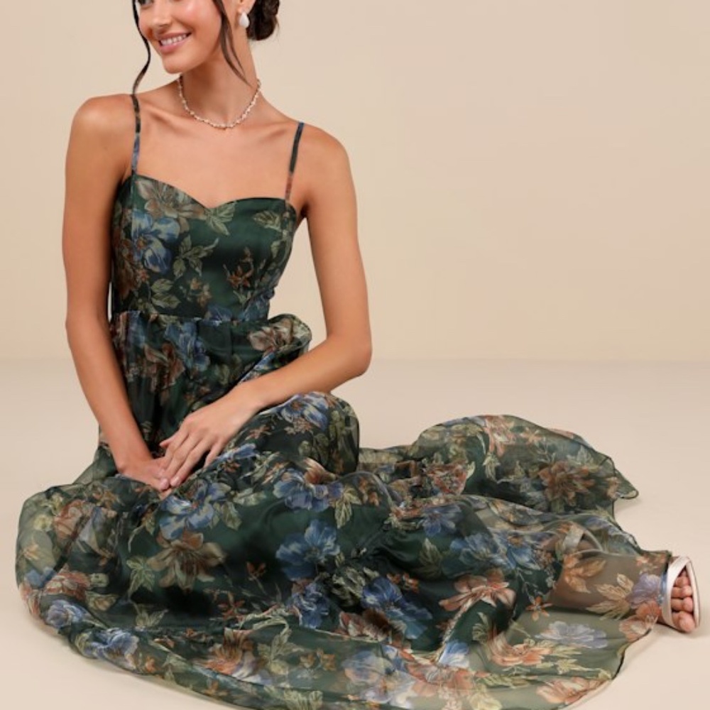 Lulus Exclusive Glamour Green Floral Organza Tiered Maxi Dress - Size XS